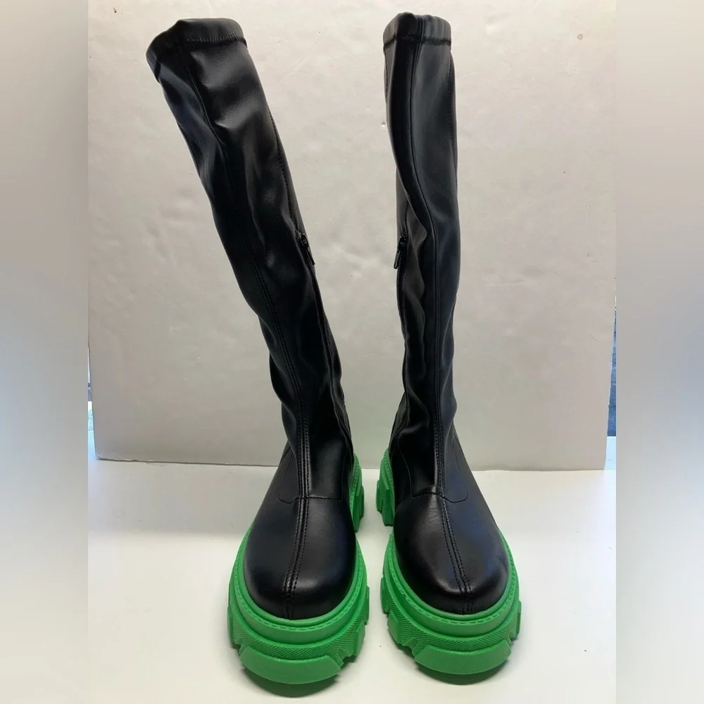 Topshop Tate Women’s Knee High Chunky Platform Boots, Size 7, Black/Green